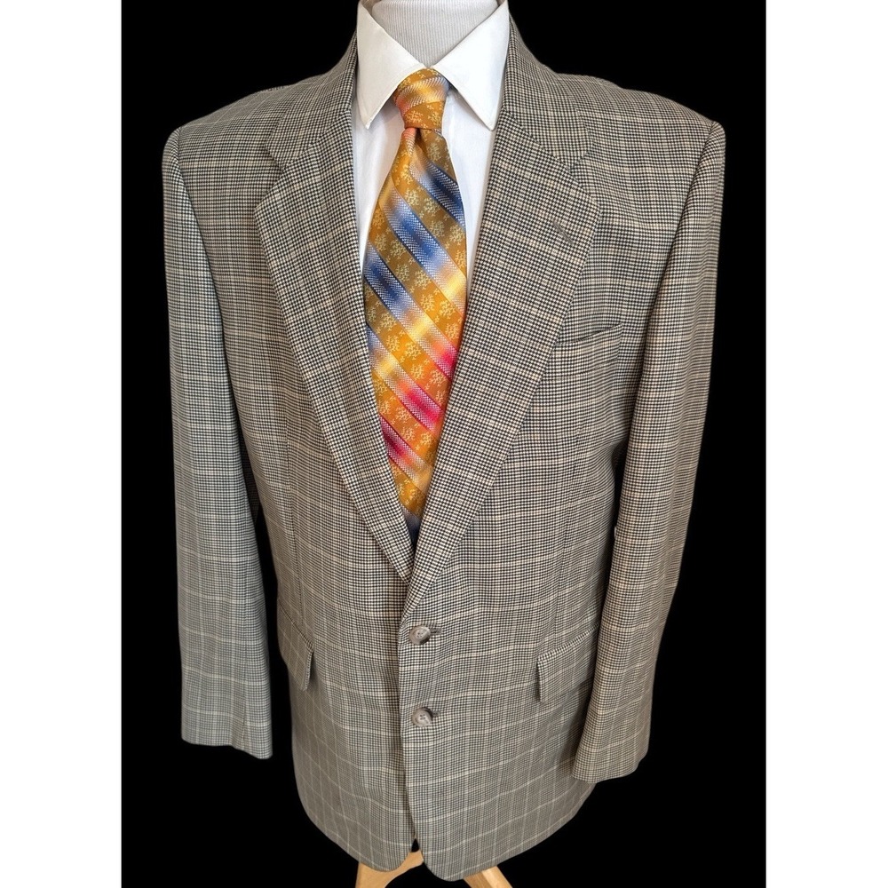 Jos A Bank Brown Blue Houndstooth Plaid 100% Wool Sport Coat Jacket Blazer 44L - Picture 1 of 13